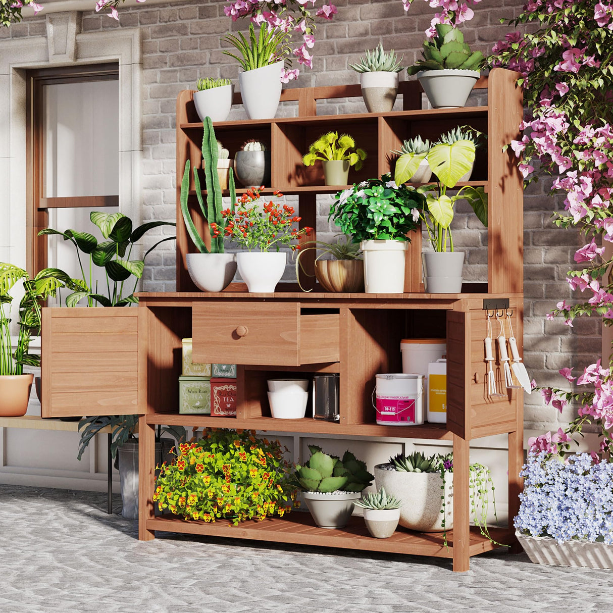Merax Solid Fir Wood Potting Bench, Garden Workstation with Hutch, Drawer & Adjustable Shelves, Outdoor Work Table for Backyard Planting, Brown Merax