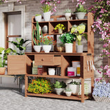Merax Solid Fir Wood Potting Bench, Garden Workstation with Hutch, Drawer & Adjustable Shelves, Outdoor Work Table for Backyard Planting, Brown Merax