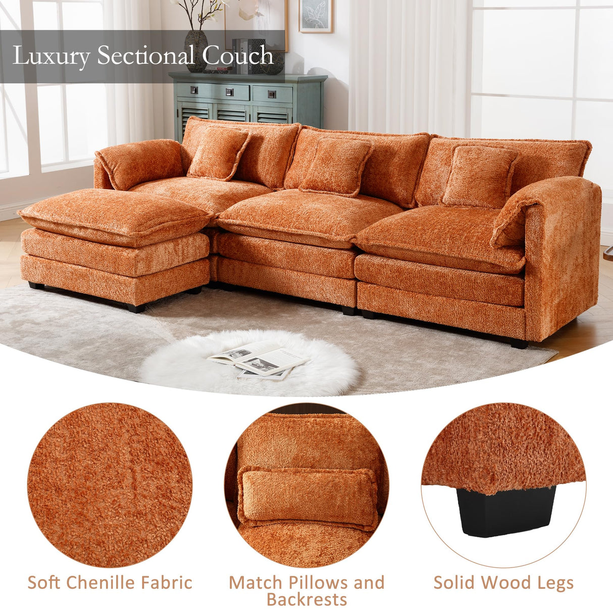 GNIXUU 112" Oversized Sectional Sofa Cloud Couch for Living Room, Modern Chenille L Shaped Couch, Comfy Boucle Modular Sofa Sleeper with Moveable Ottoman & Memory Foam(Orange) GNIXUU