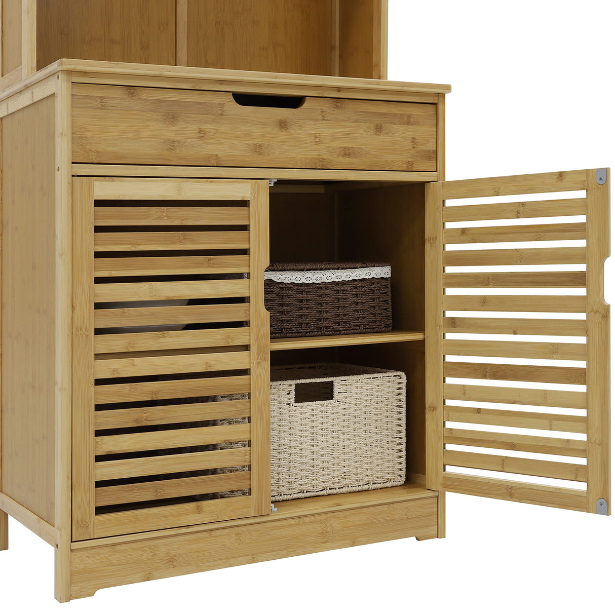 MUPATER 72'' Kitchen Pantry Cabinet Storage Hutch with Microwave Stand, Bamboo Freestanding Pantry Buffet Cabinet with Shelves, Cupboard and Drawer for Home MUPATER