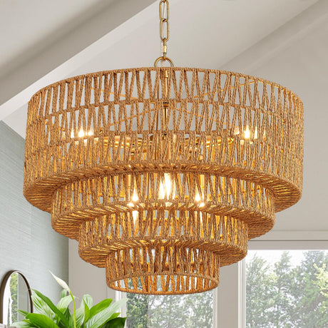 YOMECOO 19.7" Hand-Woven Rattan 6-Light Farmhouse Boho Bamboo Chandelier Light Fixture Retro Drum Wicker Golden Chandelier for Dining Room, Kitchen, E12 YOMECOO