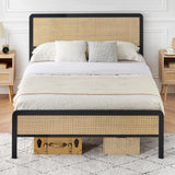 IDEALHOUSE Queen Metal Bed Frame with Rattan Headboard and Footboard, Strong Metal Slat Support, No Box Spring Needed, Queen Size, Black & Oak (Full((U.S. Standard)) IDEALHOUSE