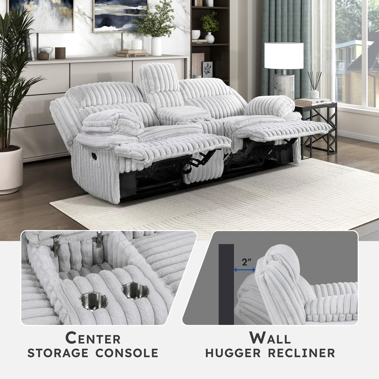 Lexicon Manual Double Reclining Loveseat with Center Console, Corduroy Manual Wall Hugger Recliner Couch, Pillow Top Arms, Cup Holders, Hidden Storage, Cozy Loveseat for Living Room, Gray Lexicon