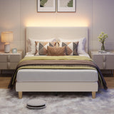 Bestier Full Bed Frame with Adjustable Headboard, LED Lighting, Vertical Channel Tufted Corduroy Upholstered, Solid Wooden Slats Support, No Box Spring Needed, Never Squeaks, Easy Assembly, Beige Bestier
