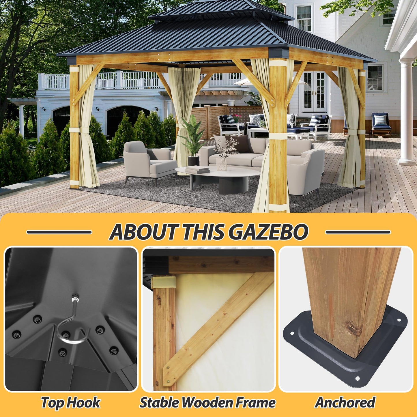 11'x13' Wood Gazebo, Hardtop Cedar Gazebo with Double Roof Galvanized Steel Top, Outdoor Solid Wooden Gazebo with Curtain & Netting for Garden, Patio, Deck, Backyard