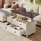 DWVO Lift Top Coffee Table with Storage, Farmhouse Wood Central Table w/Large Hidden Compartment, 2 Storage Drawers, Lift Tabletop Dining Table for Living Room, Reception Room, Rustic White DWVO