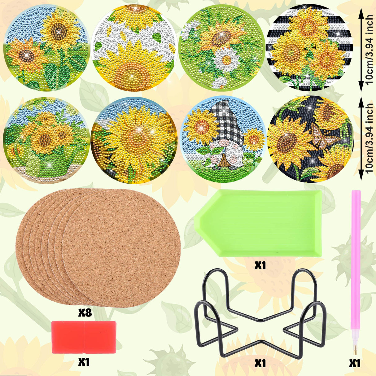 8 Pieces Sunflower Diamond Art Painting Coasters DIY 5D Full Drill Coasters Acrylic Round Cup Coaster with Holder Cork Pads for Spring Summer Party Home Decor DIY Crafts Augisteen