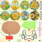 8 Pieces Sunflower Diamond Art Painting Coasters DIY 5D Full Drill Coasters Acrylic Round Cup Coaster with Holder Cork Pads for Spring Summer Party Home Decor DIY Crafts Augisteen