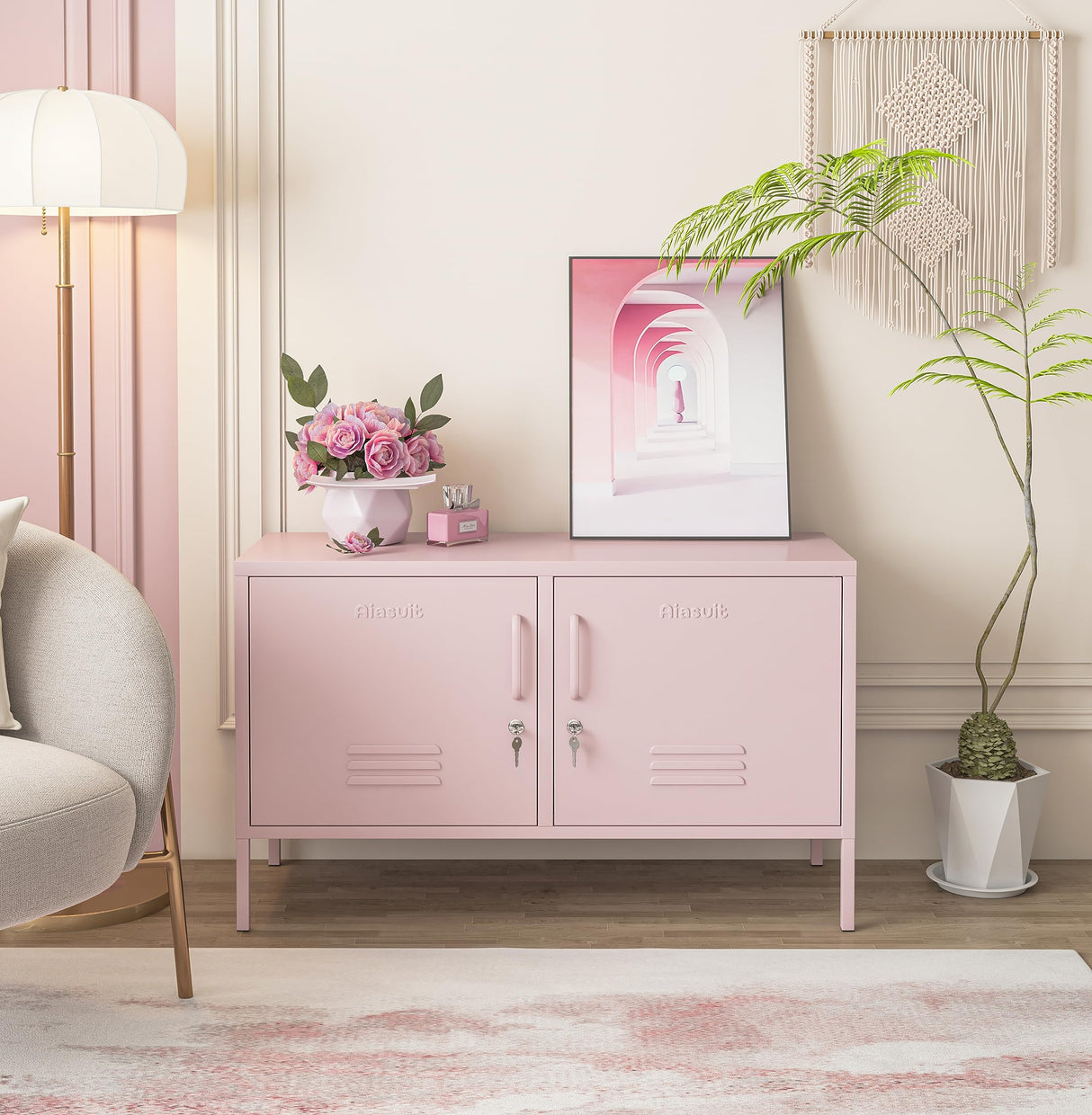 Aiasuit TV Stand Multifunctional Metal Storage Cabinet 2-Tier Shelf Thick Plate Material Support Sturdy Metal Sideboard Adjustable Storage Cabinet Pink Size: 23.62”H x 39.37”W x 14.96”D Aiasuit