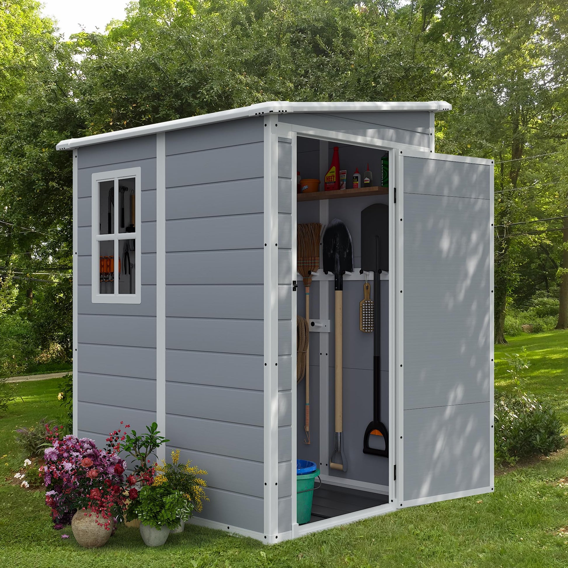 JUMMICO Outdoor Storage Shed, 5 x 4 FT Resin Shed with Floor and Lockable Door, Plastic Garden Tool Outside Sheds for Patio Backyard Lawn - WoodArtSupply