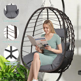Hanging Egg Chair with Stand, Swinging Egg Chair Outdoor Indoor, Hanging Basket Chair with Cushion, Patio Wicker Hammock Chair 350lbs Capacity for Bedroom, Porch, Balcony, Backyard, Garden (Grey) LEX CRAFT