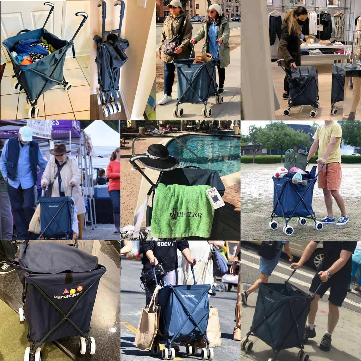 VersaCart Transit -The Original Patented Folding Shopping and Utility Cart, Water-Resistant Heavy-Duty Canvas with Cover, Double Front Swivel Wheels, Compact, Transport Up to 120 Pounds, Blue Versacart