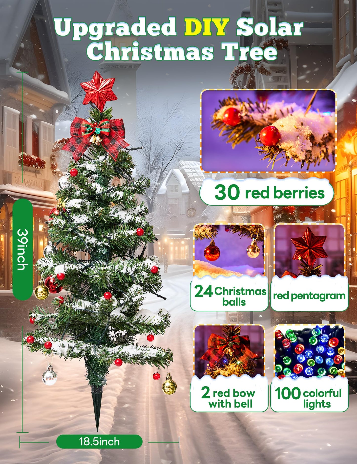 100LED Solar Christmas Tree Lights Outdoor Waterproof, 8 Modes Large Solar Christmas Trees Lights with Xmas Ball & Red Berry, Solar Powered Christmas Decorations for Outside Pathway Garden Yard Decor