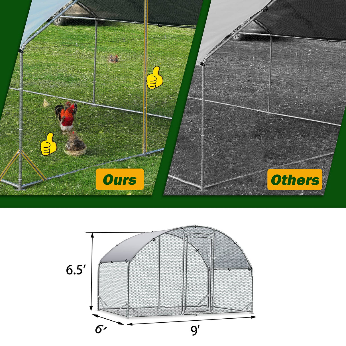 Large Metal Chicken Coop Upgrade Tri-Supporting Wire Mesh Chicken Run,Chicken Pen with Water-Resident and Anti-UV Cover,Duck Rabbit House Outdoor(9'W x 6.5'L x 6.5'H) Betterhood
