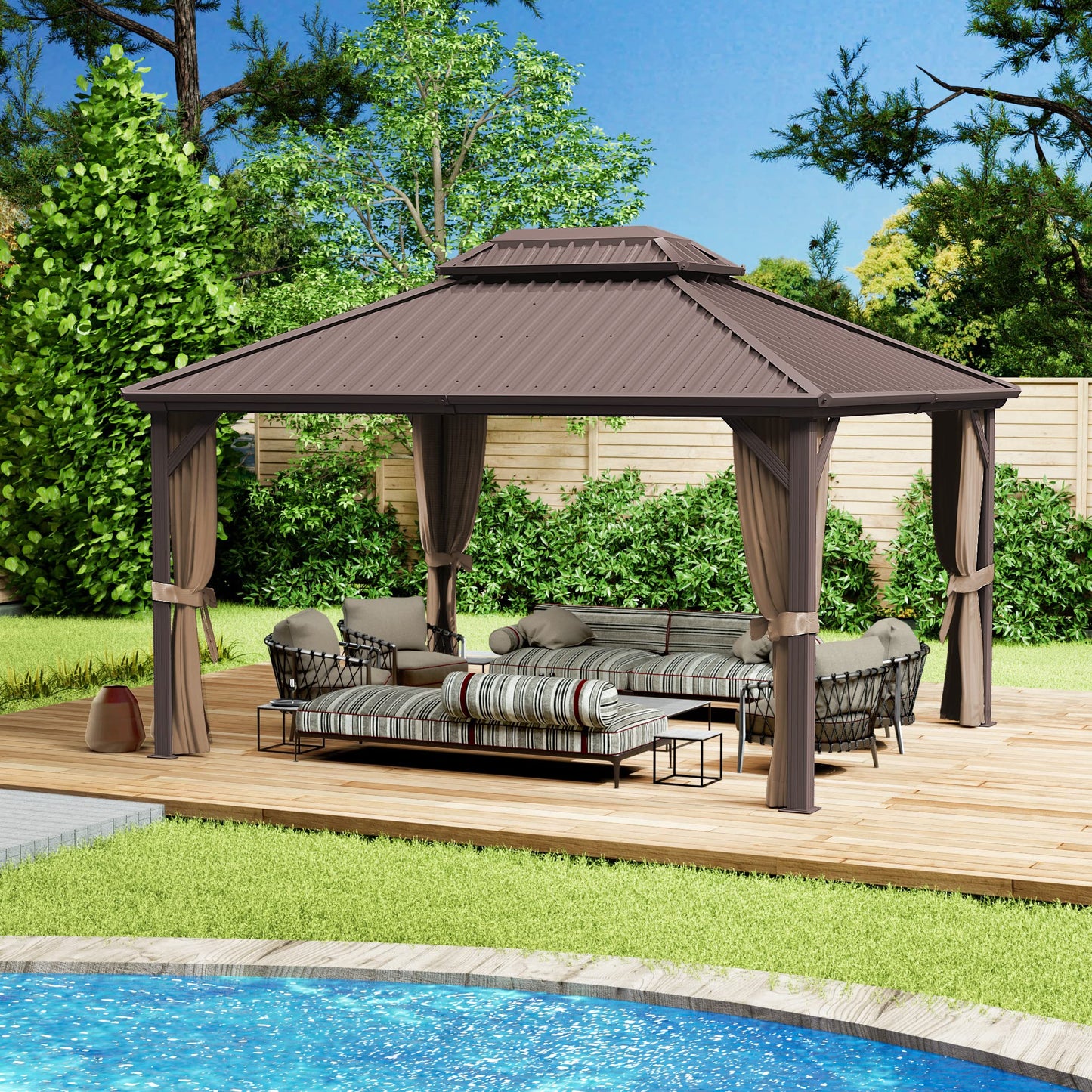 Kozyard 12'x14' Hardtop Gazebo - Permanent Metal Pavilion with Netting and Shaded Curtains for Patio, Backyard, and Deck - Galvanized Steel Outdoor Aluminum Canopy, Double Roof Gazebo (Brown) - WoodArtSupply