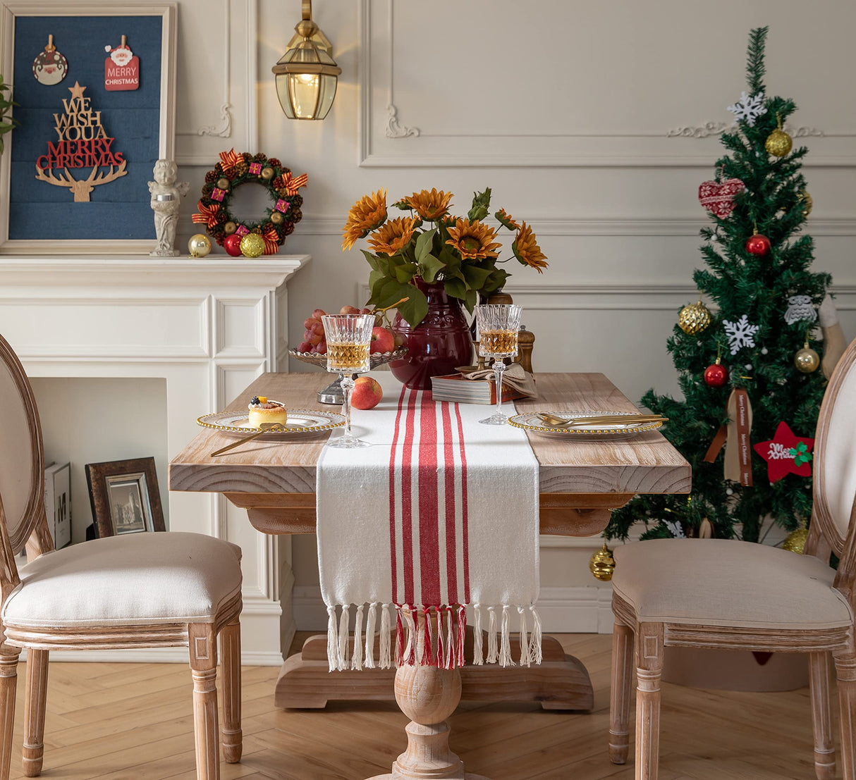 Christmas Table Runner 13 x 72 Inch for Dining Table, Boho décor Coffee Table Runner with Handcrafted Tassels, red and Beige Stripe Table Runner for Holiday, Winter Caflife