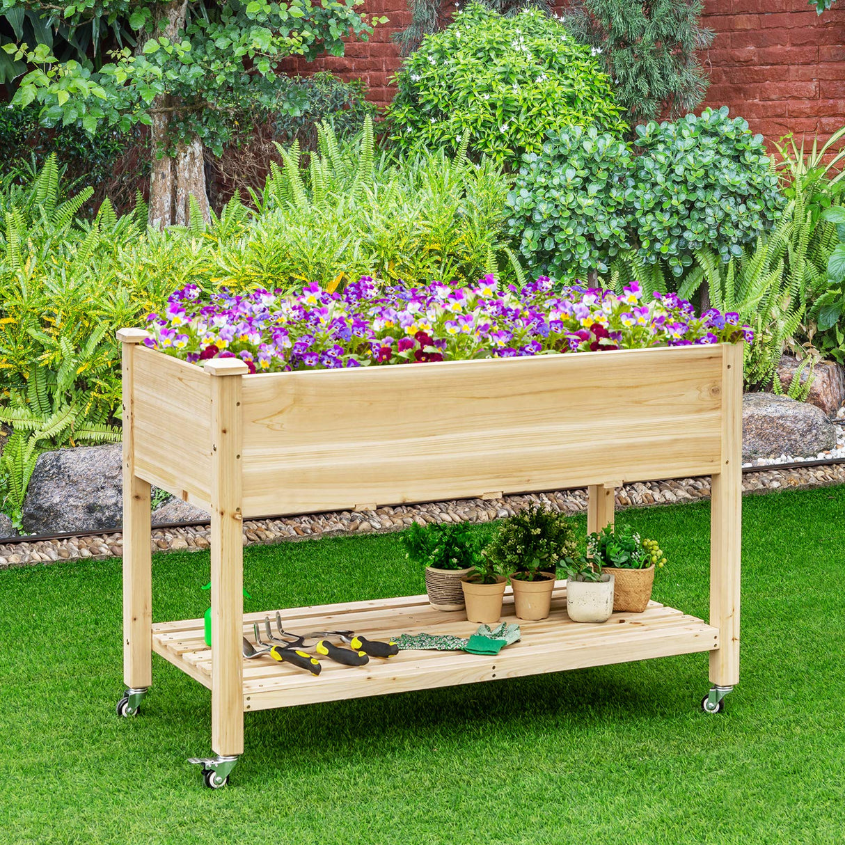 Giantex Raised Garden Bed on Wheels, Wood Planter Box with Legs, Liner, Drain Holes, Elevated Garden Bed for Vegetables, Standing Garden Container for Backyard, Patio, 47.5" LX 23.5" WX 33" H Giantex