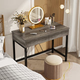 Mexin Small Desk with 2 Wooden Drawers, 40 Inch Home Office Writing Desk, Vanity Desk with Storage, Computer Desk for Bedroom Small Spaces, Desk Table for Office, Kids Study, Makeup, Grey Oak Mexin