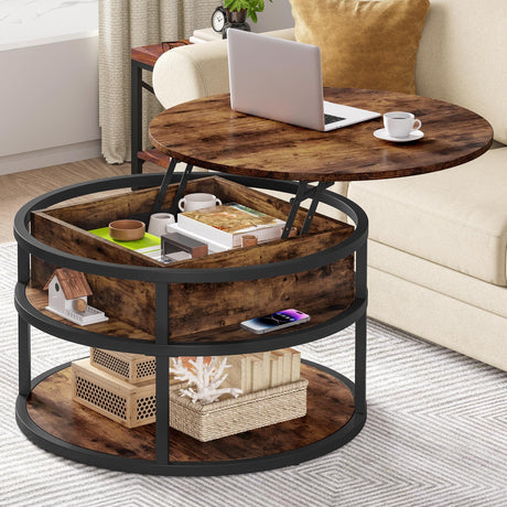 DWVO Round Lift Top Coffee Tables for Living Room, Circle Coffee Table with Storage & Hidden Compartment, Farmhouse Wood Coffee Tables with Lifting up Living Room for Home Office Samll Table, Brown DWVO