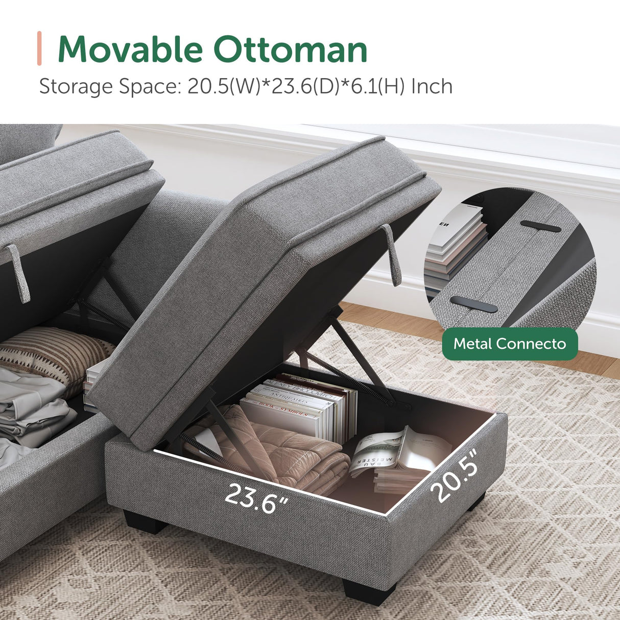 HONBAY Convertible Sectional Sofa with Storage Seat 6 Seat Sofa with Reversible Chaise U Shaped Sectional Couch for Living Room,Light Grey HONBAY