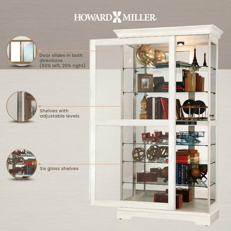 Howard Miller Tyler IV Curio Cabinet – White Finish Sliding Door Glass Display, Mirrored Back, Built-in Lighting, 6 Adjustable Shelves, Lockable Door for Collectibles in Modern Home Décor Howard Miller