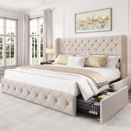 LARMACE King Size Bed Frame with 4 Storage Drawers and Tufted Headboard Linen Upholstered Platform Bed Frame Wingback Beds with Wooden Slats Support, Easy Assembly, Beige LARMACE