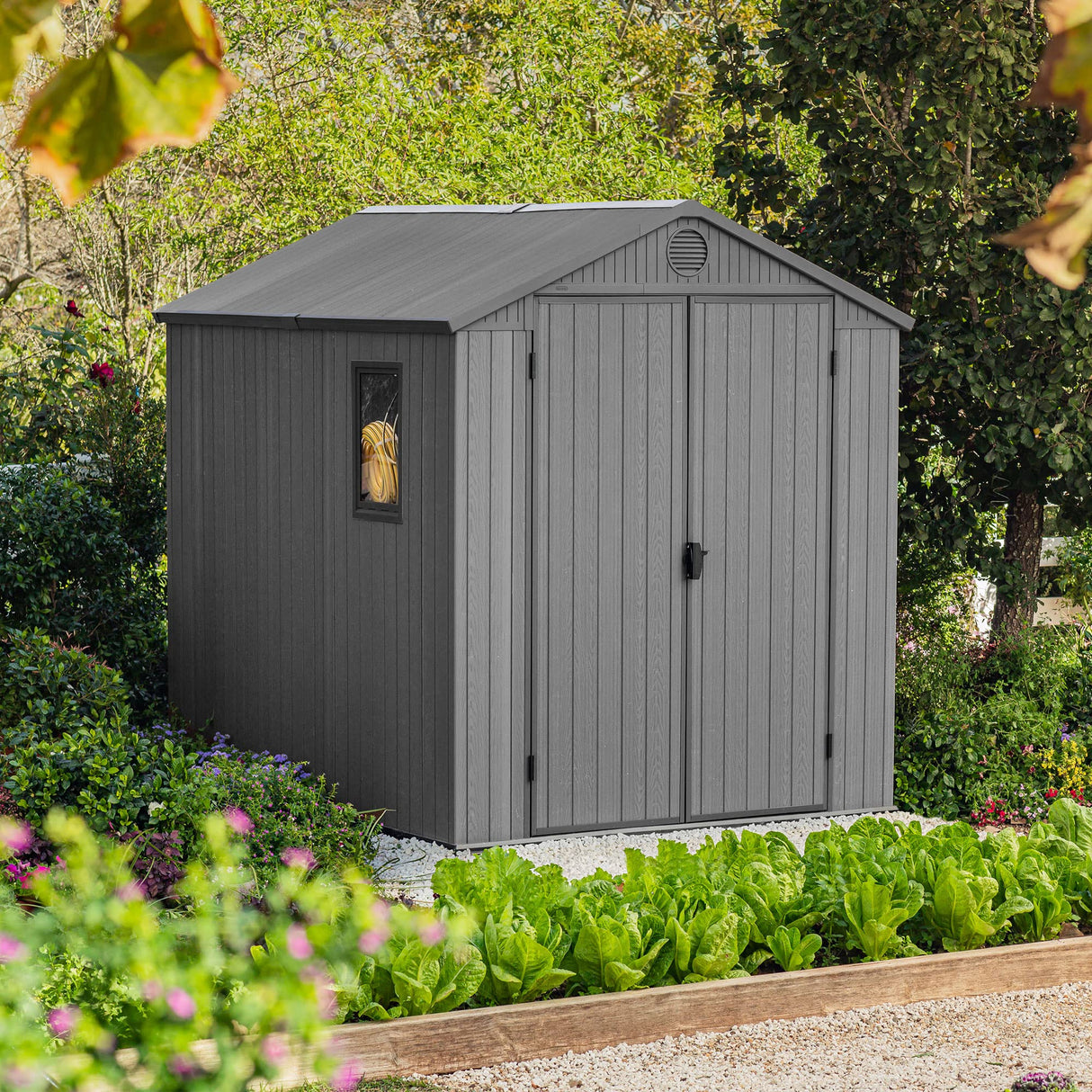 Keter Darwin 6x8 Ft Resin Storage Shed, Graphite Gray – Double Doors with Window & Skylight Keter