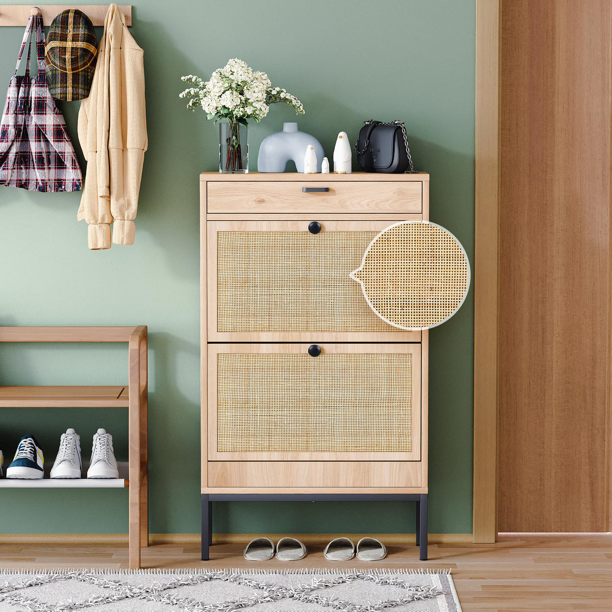 Yechen Shoe Rack Storage Organizer with 2 Natural Rectangular Rattan Doors, Entryway Wooden Shoe Cabinet for Sneakers, Leather Shoes, High Heels, Slippers (1 Piece, Oak) Yechen