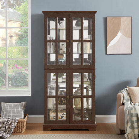 Eyisean 69" H Lighted Curio Display Cabinet, Glass Display Cabinet with 4 Glass Doors and Adjustable Shelves for Collectibles, Light Bulb Included, Vintage Showcase for Home Office Display (Cherry) Eyisean