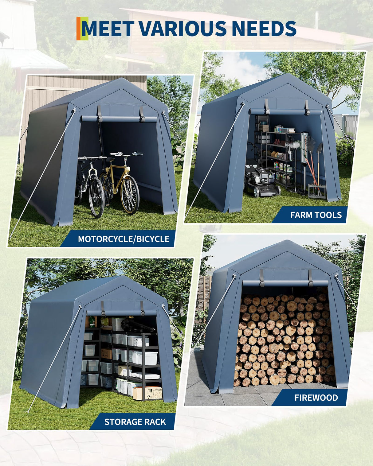 IDEALHOUSE 7x10 FT Outdoor Storage Shelter Shed Carport with Roll-Up Ventilated Zipper Door and Windows, Waterproof Portable Garage, Heavy Duty Tent Shed for Motorcycle Bike Firewood Tools IDEALHOUSE