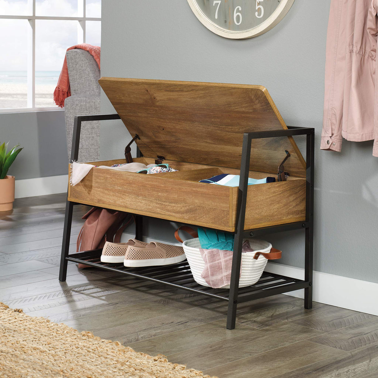 Sauder North Avenue Entryway Bench, Hidden Storage and Shelf, Entry Bench with Storage - Sindoori Mango Finish Sauder