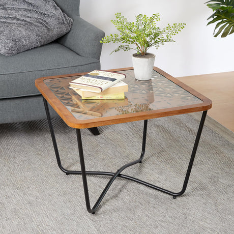 Christopher Knight Home Lyle Industrial Coffee Table with Geometric Glass Top, 23.6" Square Modern Accent End Sofa Side Table for Living Room, Black Finish with Rustic Wood Edge, Brown+Black Christopher Knight Home