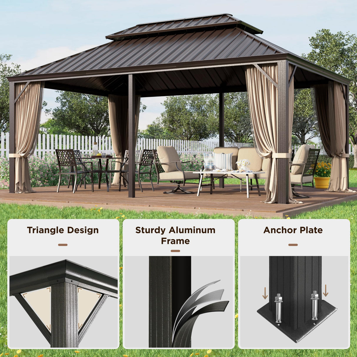GREEN PARTY 12 X 18ft Hardtop Gazebo with Nettings and Curtains, Heavy Duty Double Roof Galvanized Steel, Outdoor Aluminum Gazebos Pergolas for Patios, Backyard, Deck, Garden, Lawns GREEN PARTY