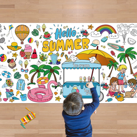 OHOME Summer Giant Coloring Poster/Tablecloth - Summer Decorations - 30 x 72 Inches Jumbo Paper Coloring Banner - Kids Crafts Gifts Toys Games Ice Cream Party Decorations - Arts Crafts Supplies OHOME