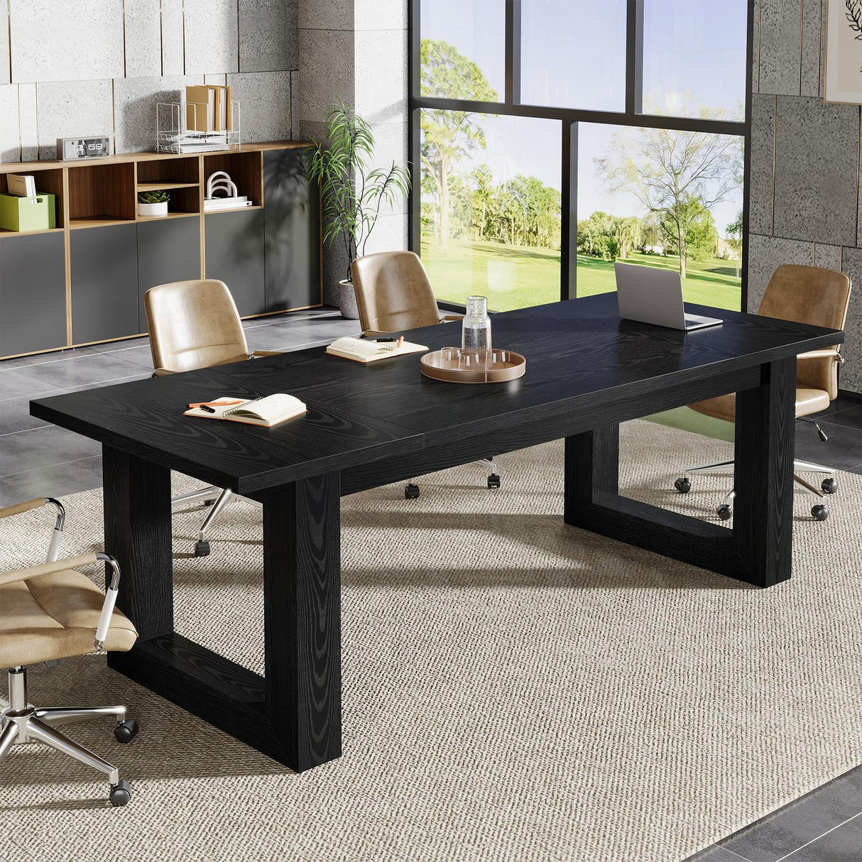 Tribesigns Conference Table, Modern Office Meeting Table, 5 ft Conference Room Table with Solid Wooden Base, Large Rectangular Business Furniture Seminar for Boardroom (1, Black) Tribesigns