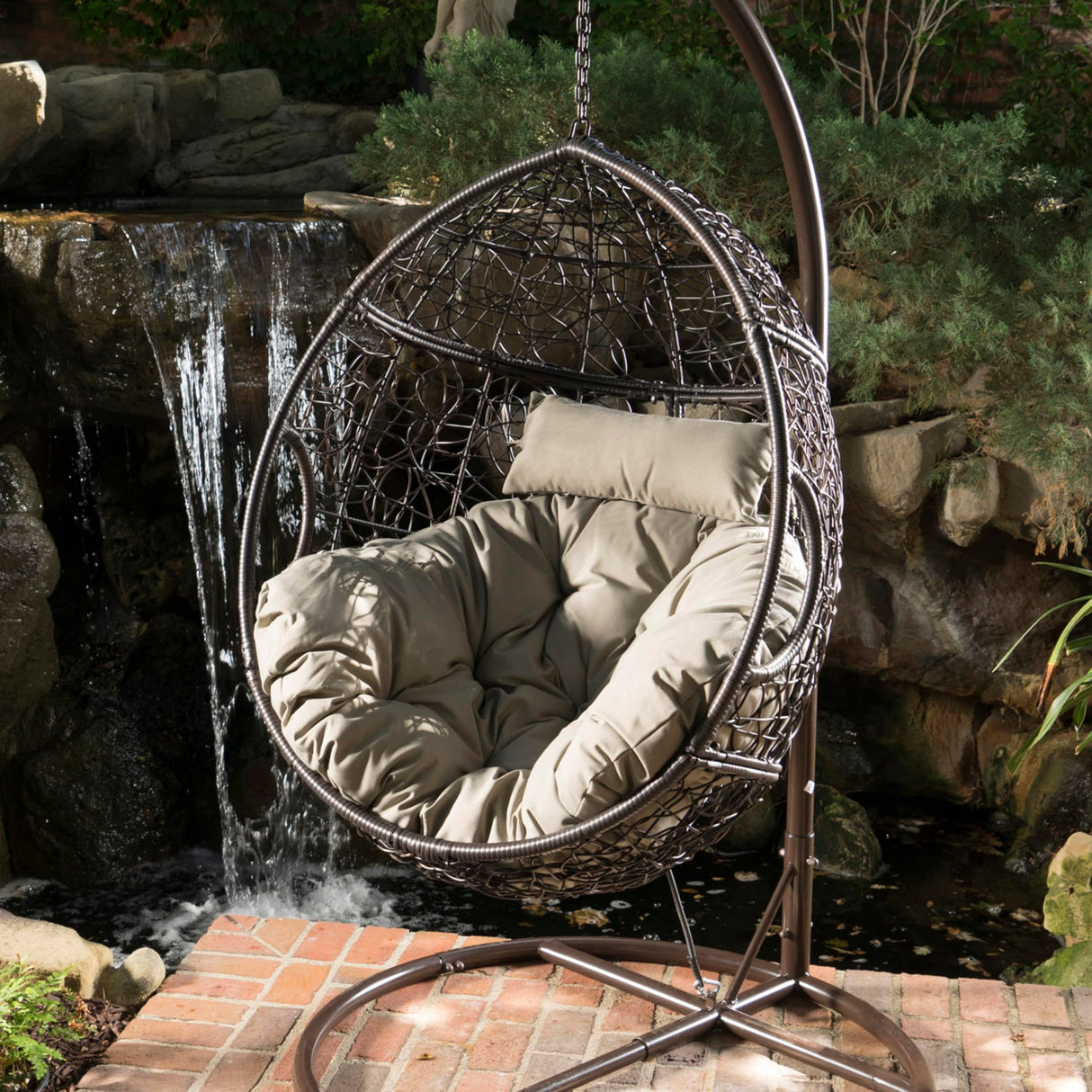 Outdoor Hanging Egg Chair, Patio Wicker Swing Egg Basket, Wicker Hammock Chair, Rattan Basket Hanging Chairs Without Stand(Only Basket, NOT Include a Hanging Stand), Khaki + Brown Ziraukon