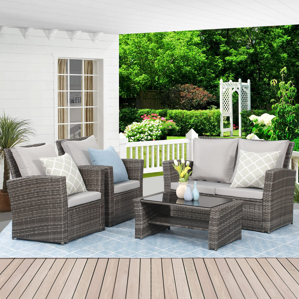 Wisteria Lane 4 Piece Outdoor Patio Furniture Sets, Wicker Conversation Set for Porch Deck, Gray Rattan Sofa Chair with Cushion Wisteria Lane