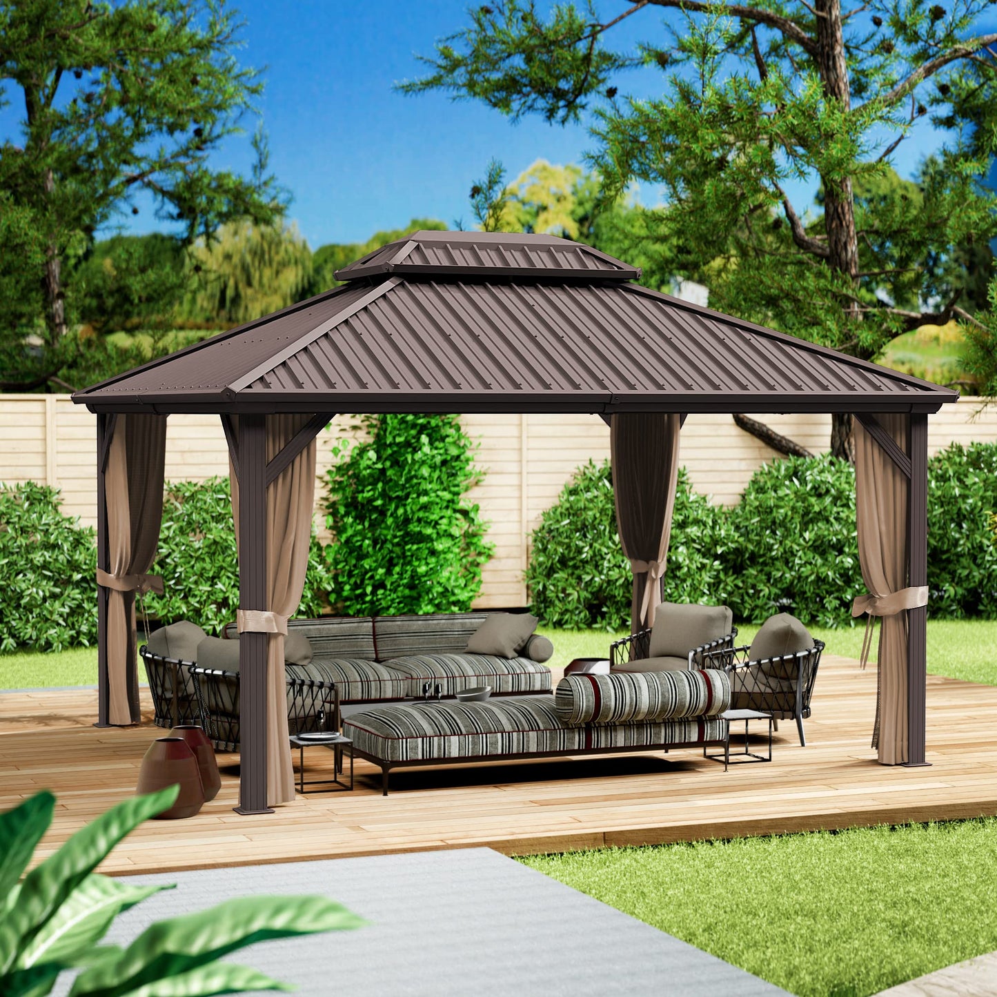 Kozyard 12'x14' Hardtop Gazebo - Permanent Metal Pavilion with Netting and Shaded Curtains for Patio, Backyard, and Deck - Galvanized Steel Outdoor Aluminum Canopy, Double Roof Gazebo (Brown) - WoodArtSupply