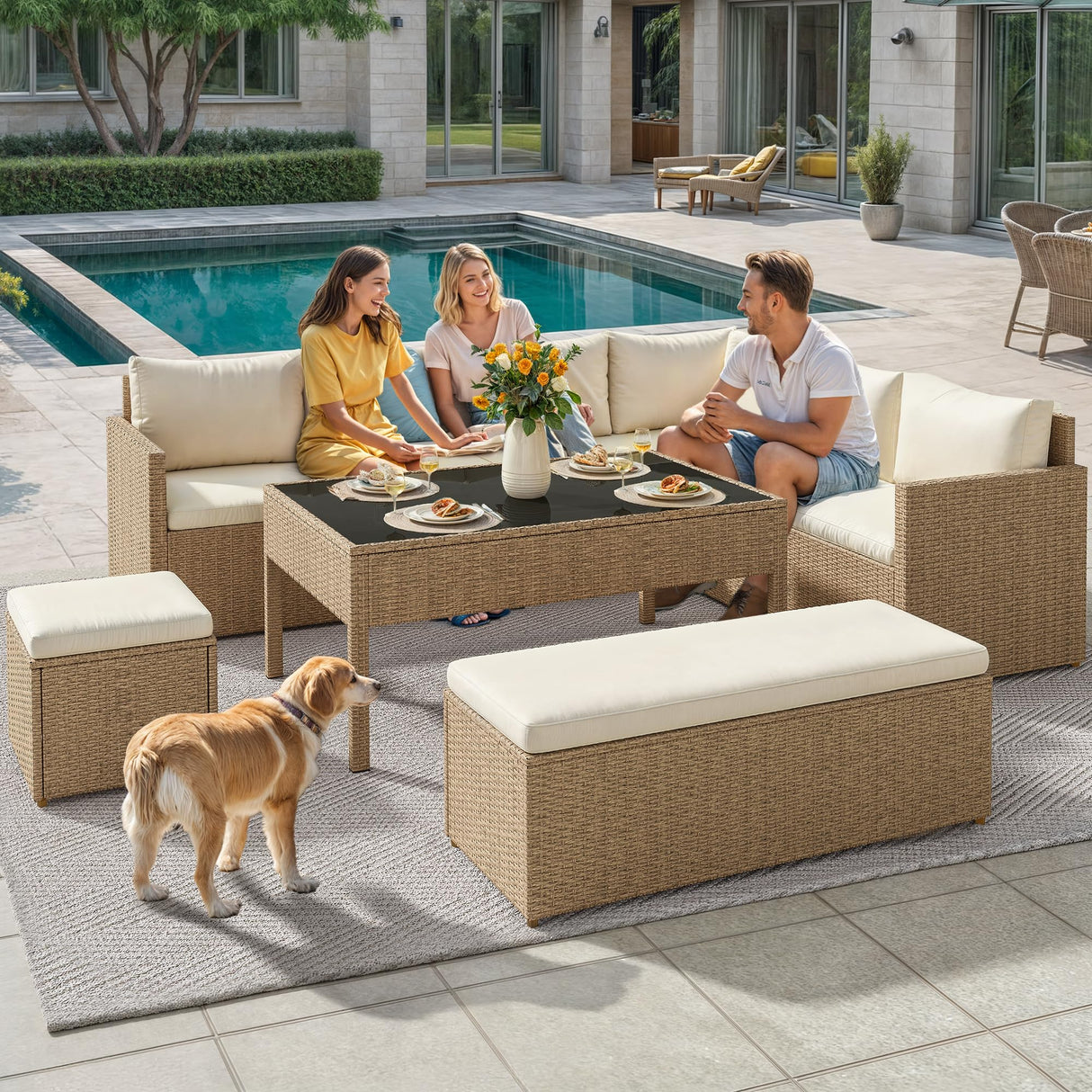 YITAHOME L-Shaped Patio Furniture Set, All Weather Wicker Outdoor Sectional Sofa Conversation Set with Dining Table and Ottoman, Light Brown+Beige YITAHOME