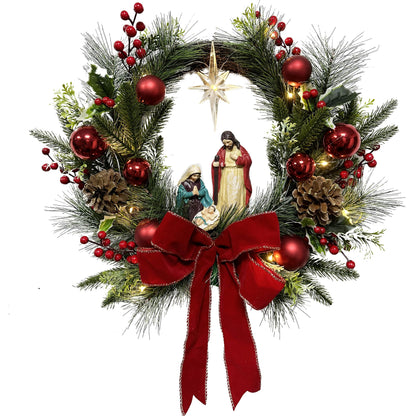 Moonet 19" Christmas Wreath with LED Lights Jesus Nativity Scene Garland for Home Hanging Ornament, Holiday Wreath with Lights for Front Door, Window, Fireplace