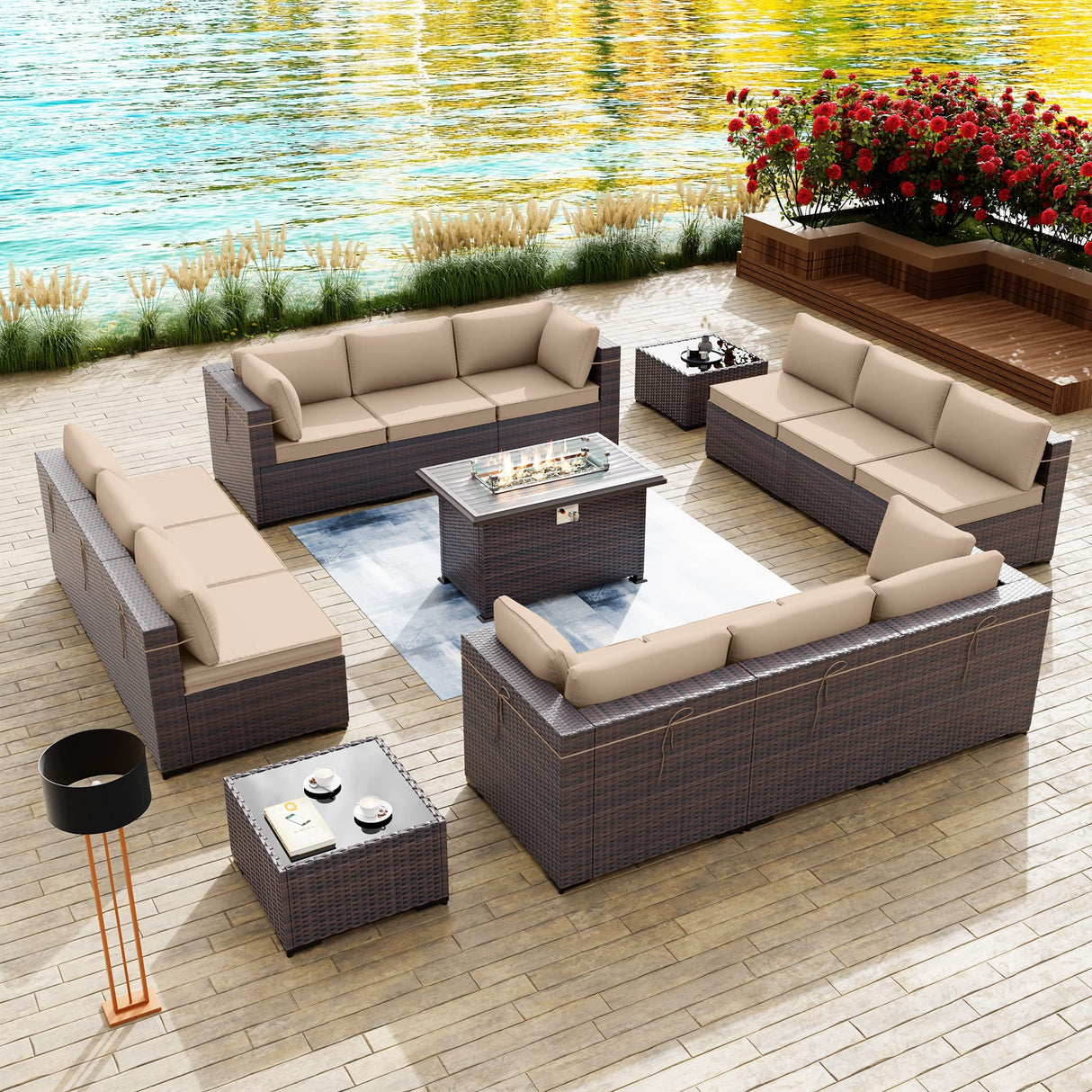Kullavik 15 Pieces Outdoor Patio Furniture Set with 43" 55000BTU Gas Propane Fire Pit Table PE Wicker Rattan Sectional Sofa Patio Conversation Sets,Khaki Kullavik