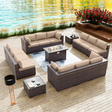 Kullavik 15 Pieces Outdoor Patio Furniture Set with 43" 55000BTU Gas Propane Fire Pit Table PE Wicker Rattan Sectional Sofa Patio Conversation Sets,Khaki Kullavik