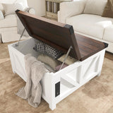 jimeimen Farmhouse Lift Top Coffee Table with Storage, Wood Square Center Table with Charging Station&USB Ports, Living Room Central Table w/Large Hidden Space, for Living Room, Bedroom, Home Office jimeimen