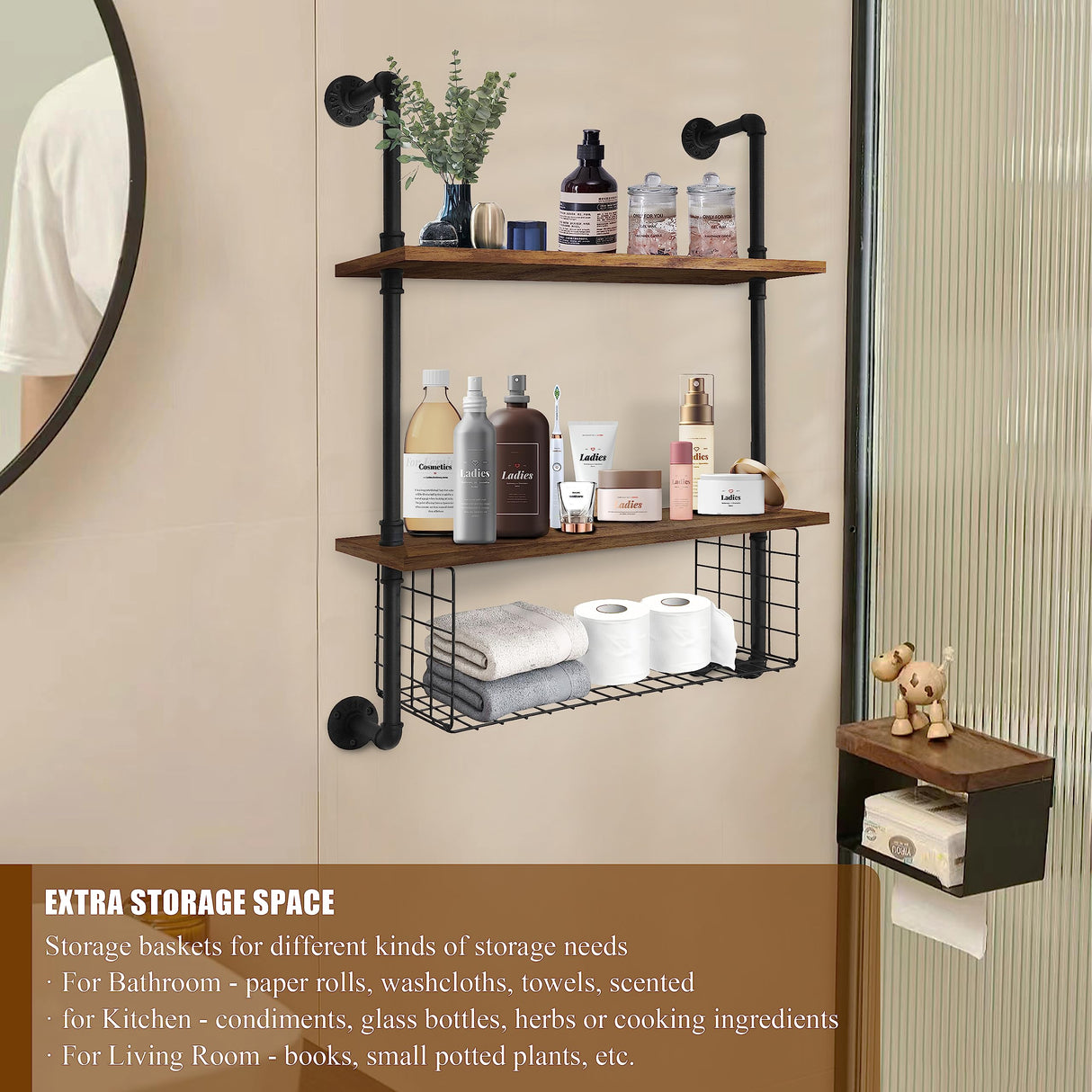 GILPWA Industrial Pipe Shelving 2 Tiers 24in Bathroom Floating Shelves Wall Mounted with Paper Storage Basket Retro Wood Floating Shelf Sundries Holder for Home Decor Livingroom Bedroom GILPWA