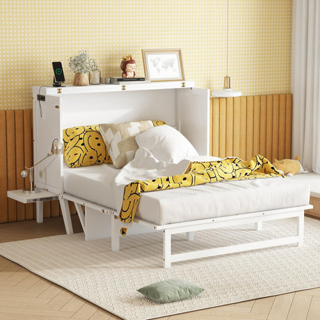 KEIKI Full Size Cabinet Murphy Bed with Charging Station, Drawers, Removable Shelves, Multiple Storage Foldable Hideaway Wall Murphy Bed Frame, No Box Spring Needed, Easy Assembly, for Bedroom, White KEIKI