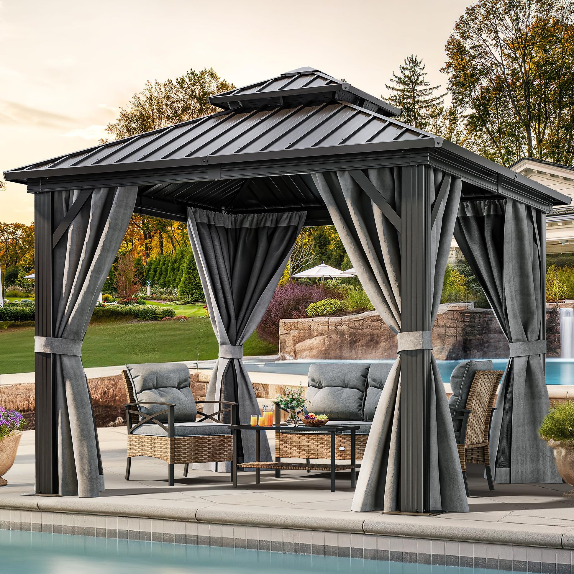 YITAHOME 10x10ft Gazebo Hardtop with Nettings and Curtains, Heavy Duty Double Roof Galvanized Steel Outdoor Combined of Vertical Stripes Roof for Patio, Backyard, Deck, Lawns, Gray - WoodArtSupply