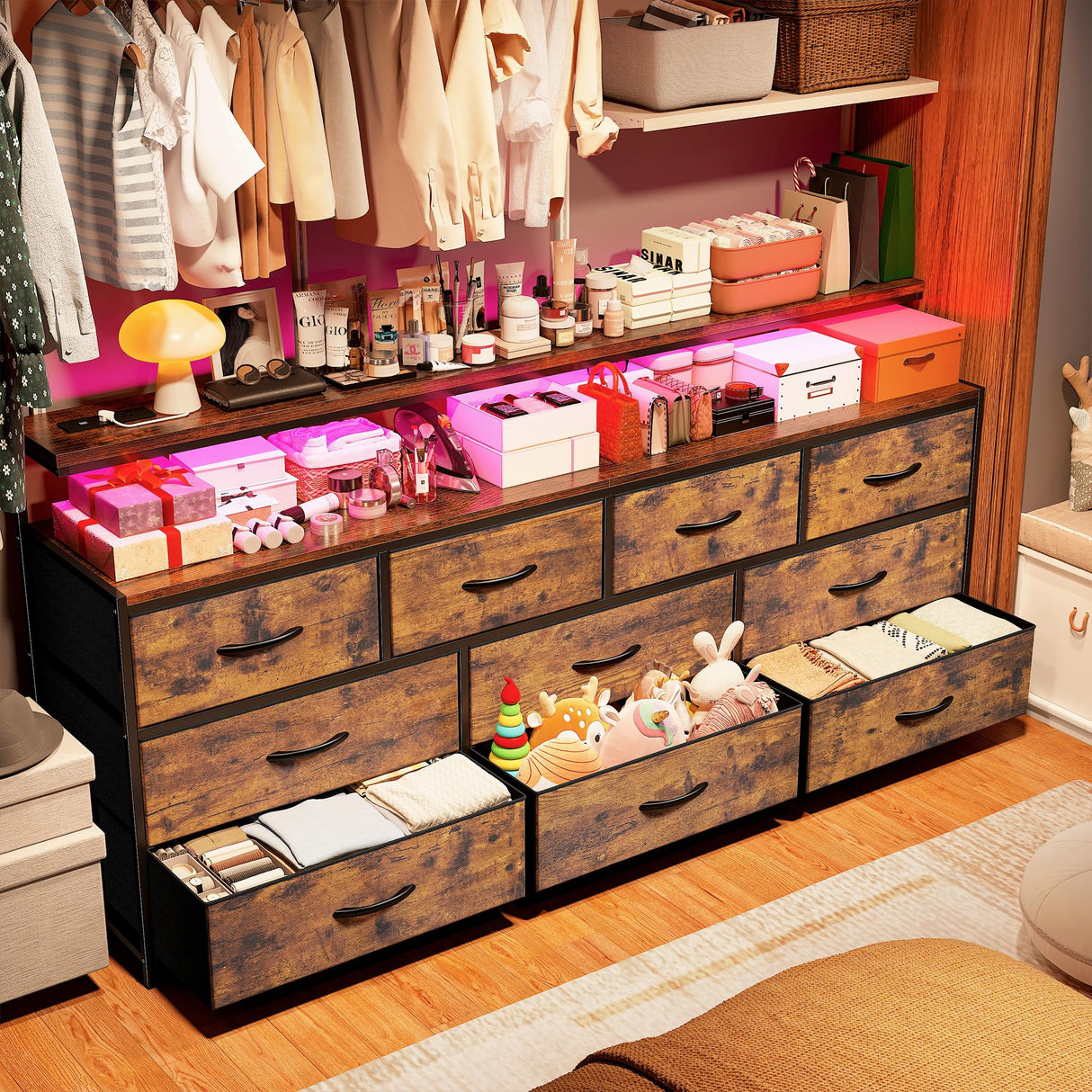 EnHomee 55" W Dresser for Bedroom with 10 Drawers Long Dresser with LED Lights & Power Outlets Wide Dressers & Chests of Drawers Large Dresser for Bedroom Dresser Metal Frame, Wood Top, Rustic Brown EnHomee