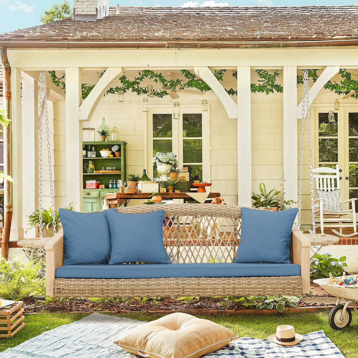 HOMREST 3-Person Porch Swing 55in Wicker Hanging Swing Bench with Cushions Cupholders Swing Chair with Chains 800lbs Capacity for Deck Garden Backyard HOMREST