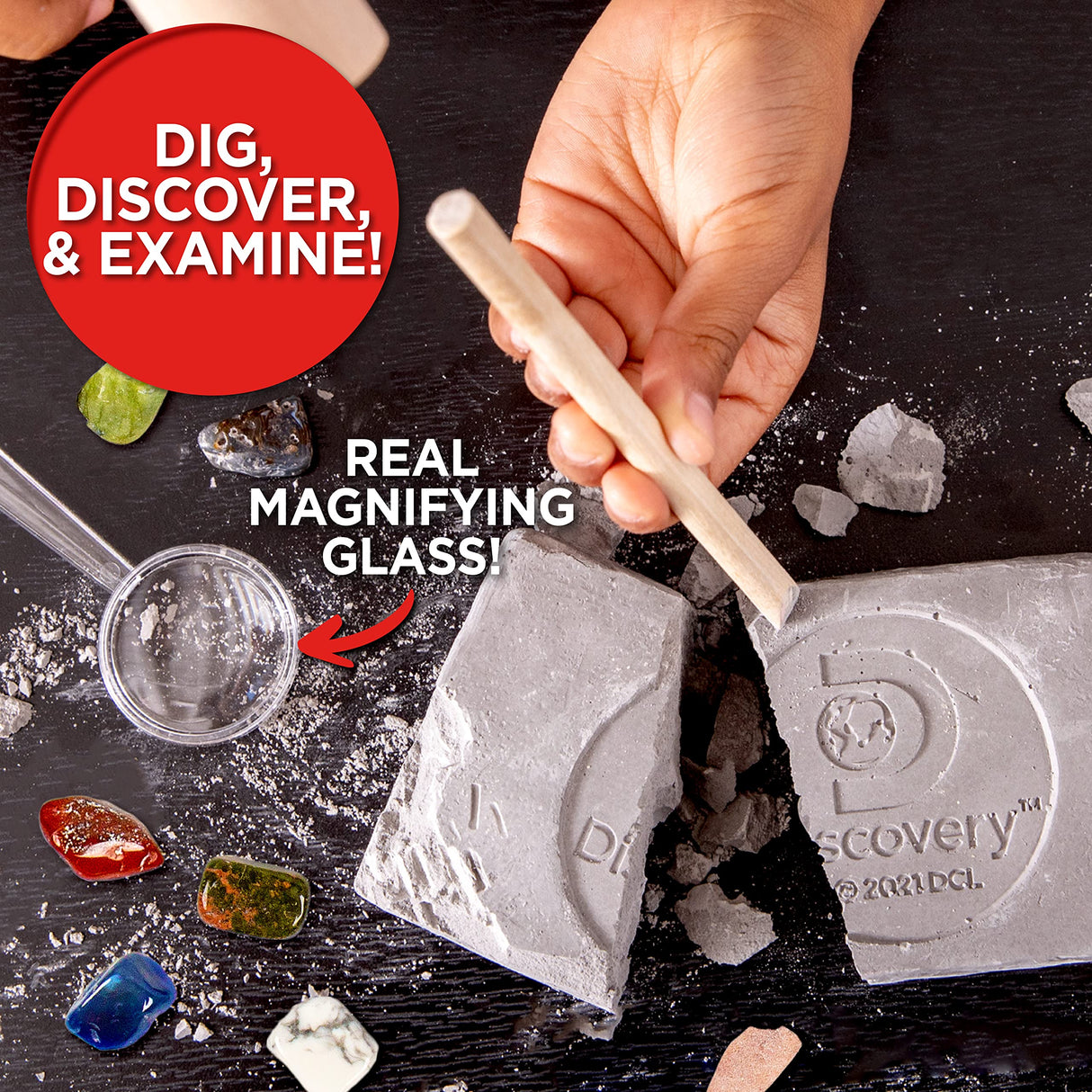 Discovery Kids Gemstone Dig Stem Science Kit by Horizon Group Usa, Excavate, Dig & Reveal 11 Real Gemstones, Includes Goggles, Excavation Tools, Streak Plate, Magnifying Glass & More Discovery Kids