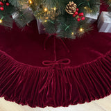 72-Inch Ruffled Velvet Christmas Tree Skirt, Thick Foam-Lined Heavy Duty Fabric with Plush Lace Ties, Wine Red Starry Dynamo
